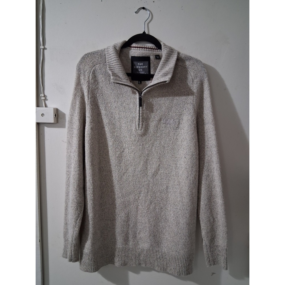 Superdry Mens 2XL Lambswool Blend Quarter Zip Sweater Oatmeal Marl Heather Gray
